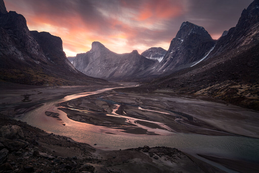 Sunrise light over Mount Thor in the Canadian Arctic on Baffin Island
