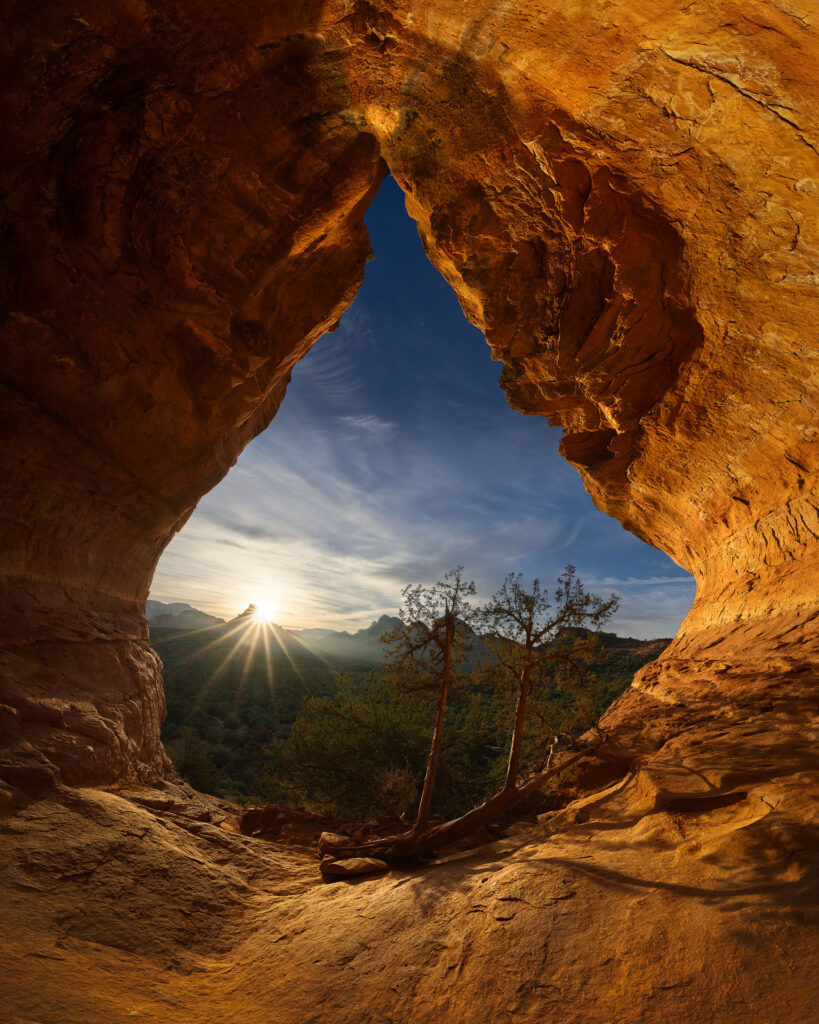 The Birthing Cave glowing in sunrise light